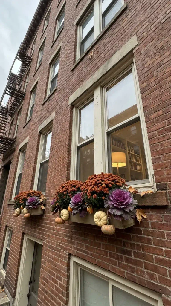 Apartment window box with mums, kale, and mini vintage pumpkins on a brick building