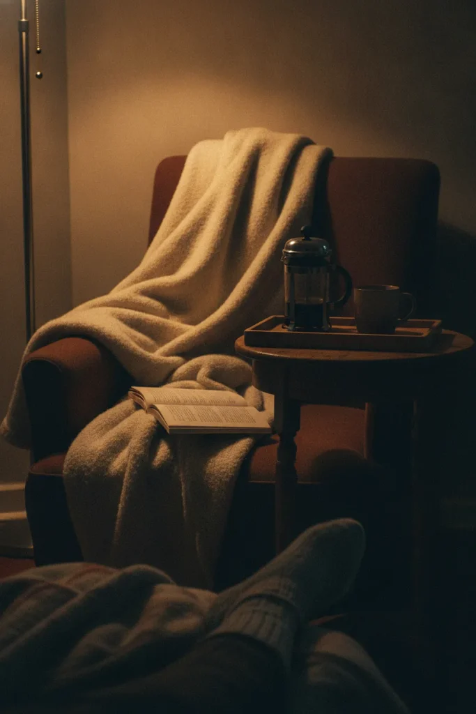Armchair reading corner with a small coffee tray on a side table under a warm lamp