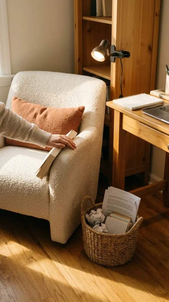 Armchair with a clamp light beside a study nook desk for reading away from the screen