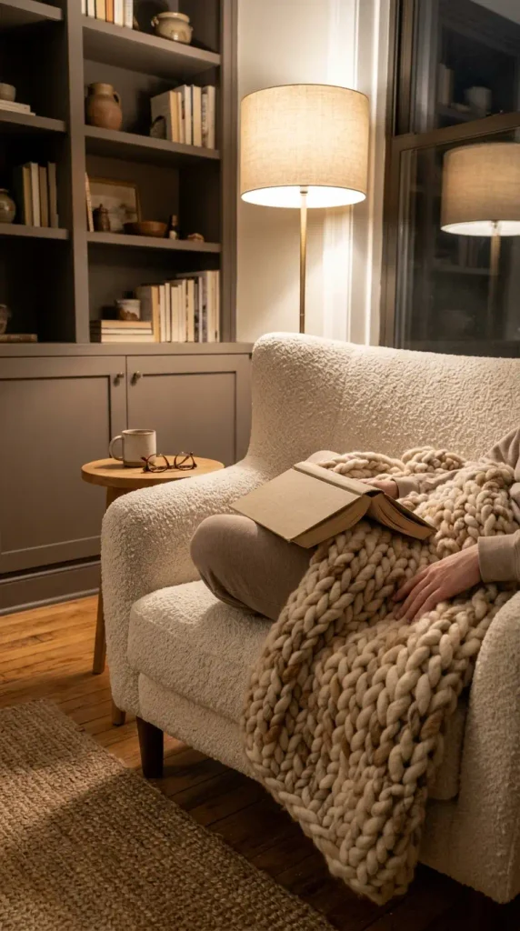 Armchair with a wool throw beside the shelves in a home library lounge at night