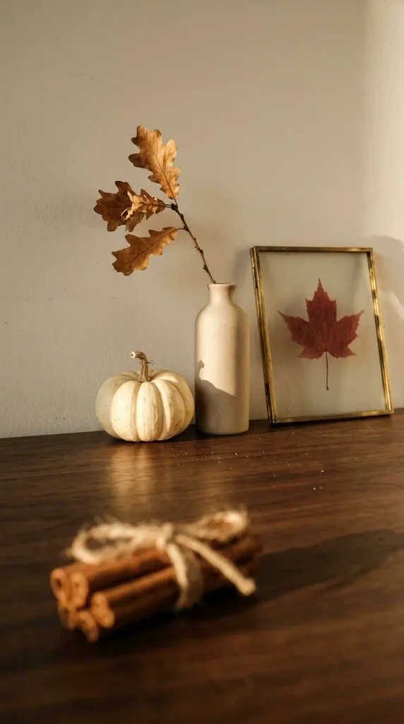 Autumn desk decor close up with a cream gourd, dried branch in a bud vase, and pressed maple leaf