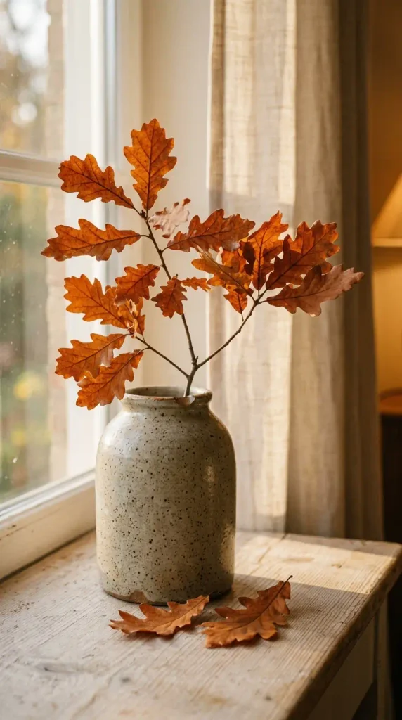Autumn oak branch in a chipped speckled stoneware vase on a windowsill, a free Japandi decor idea