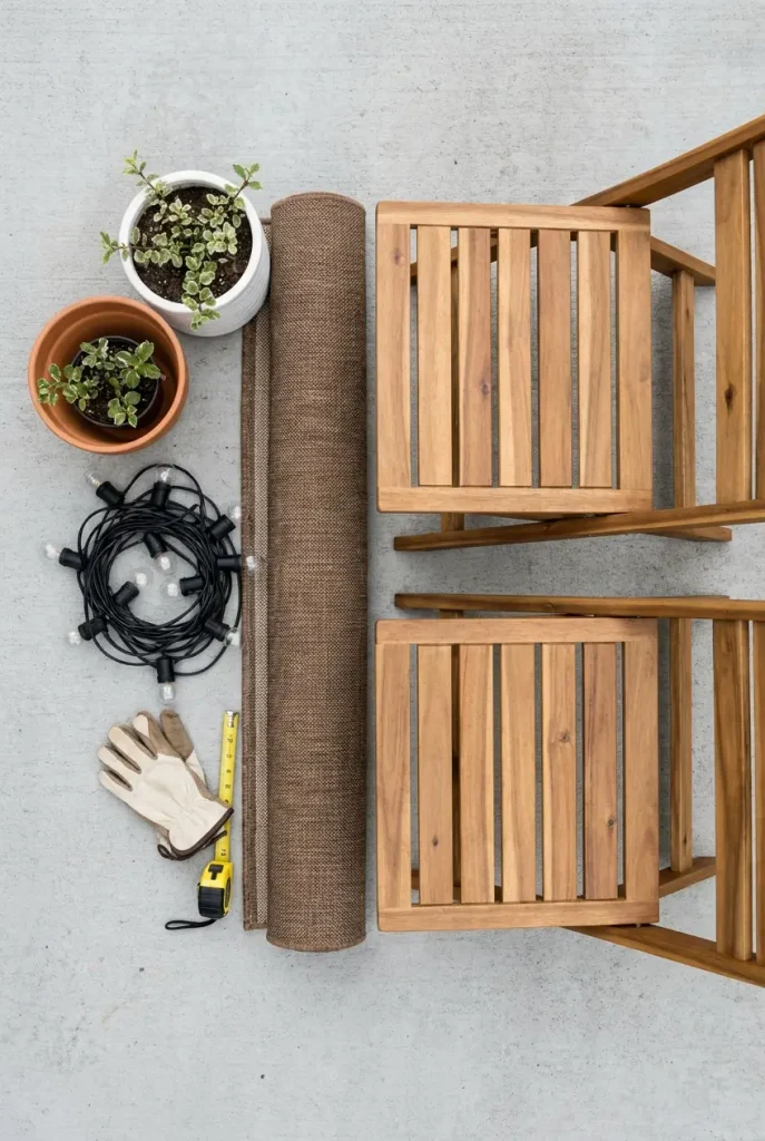 Backyard starter kit on concrete: two folding chairs, rolled rug, string lights, and two planters