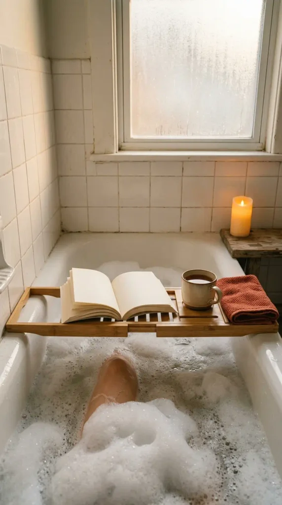 Bath tray with an open paperback and tea for a fall reading corner in a small bathroom