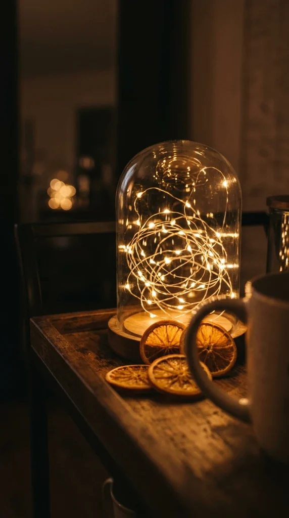 Battery fairy lights glowing inside a glass cloche on a fall coffee cart at night