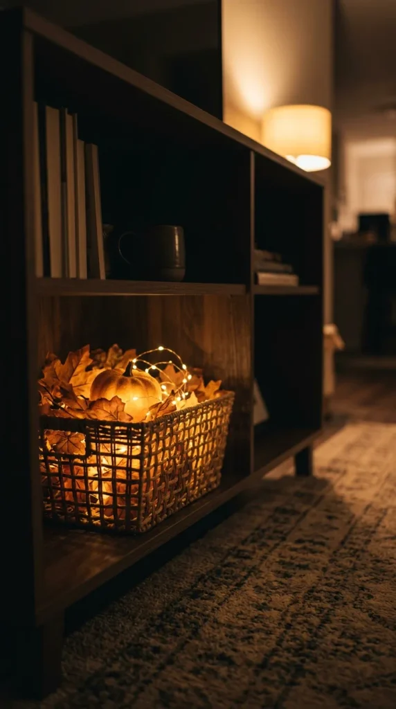 Battery-lit pumpkin and fairy lights glowing inside a fall basket on a low bookshelf at night