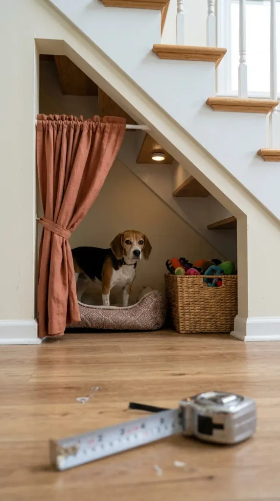Beagle standing in a dog nook under the stairs, bed at the tall end, linen curtain tied back