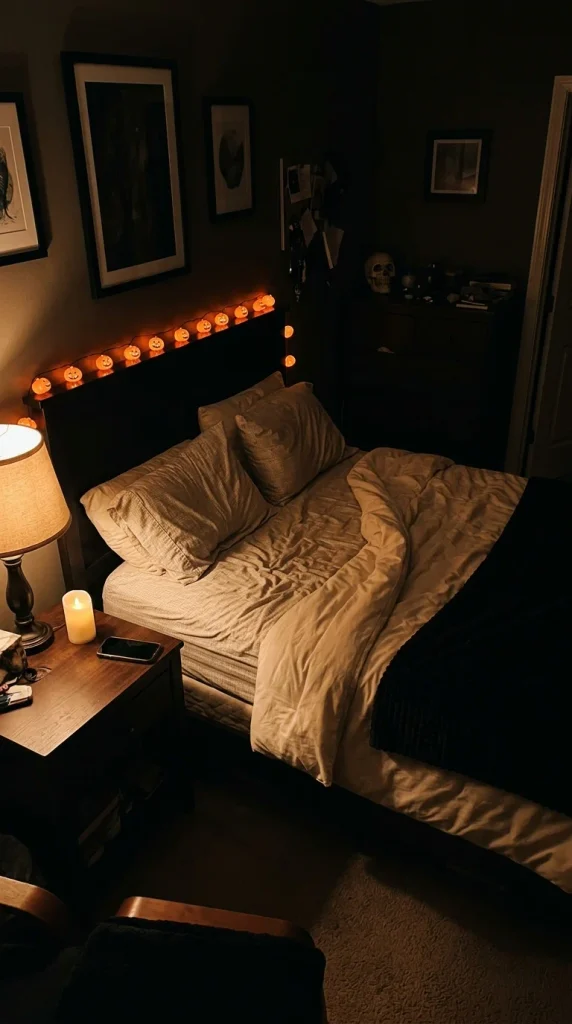 Bedroom at night with steady pumpkin string lights on the headboard and a flameless candle, sleep-friendly Halloween decor