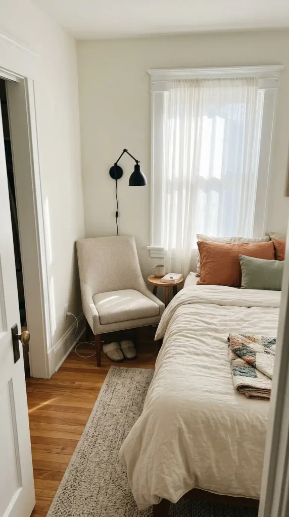Bedroom reading nook with a slim chair in the corner by the window instead of reading in bed