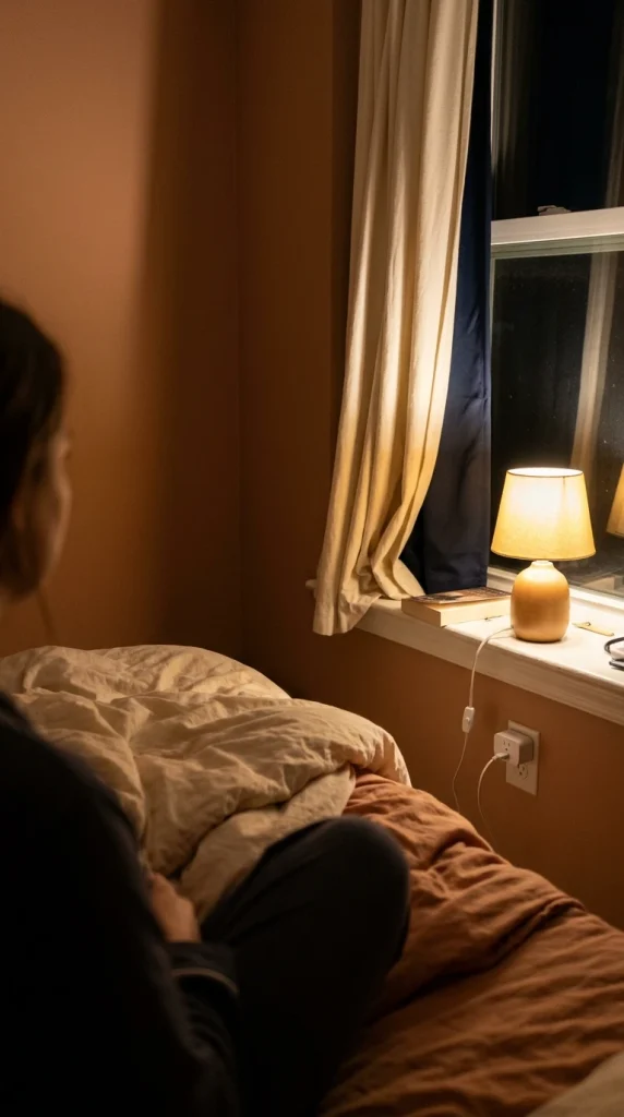 Bedroom window sill beside the bed with a lit lamp and a book, seen from bed at night