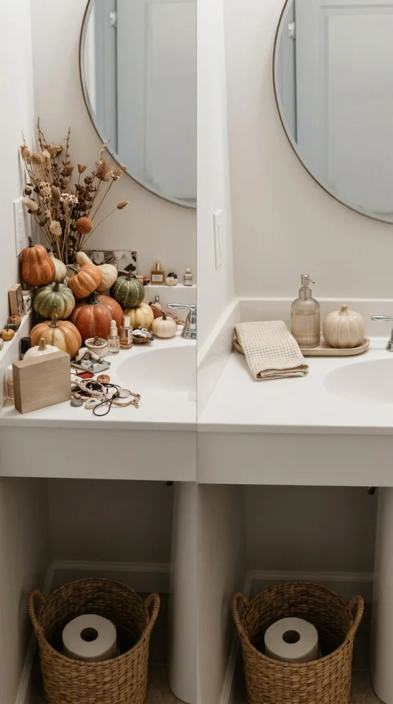 Before and after fall guest bathroom decor showing a cluttered counter edited to a towel, soap, and pumpkin