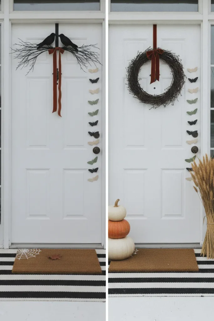 Before and after of a Halloween door switched to fall decor with a rust ribbon and pumpkins