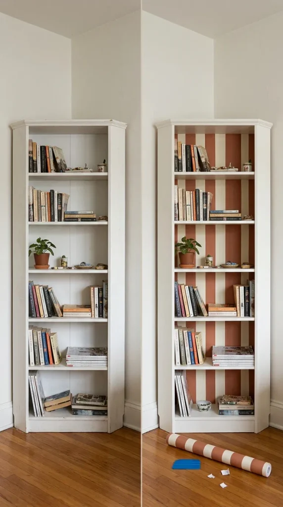 Before and after of a corner bookcase with striped clay and cream contact paper lining the back panel
