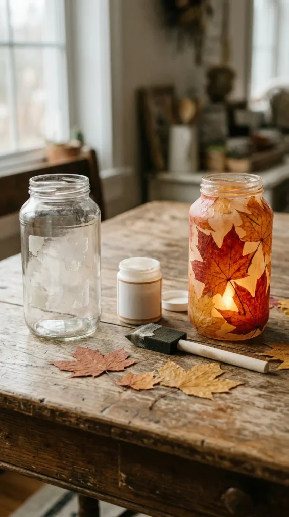 Before and after of a pasta sauce jar turned into a pressed leaf lantern with an LED tea light inside