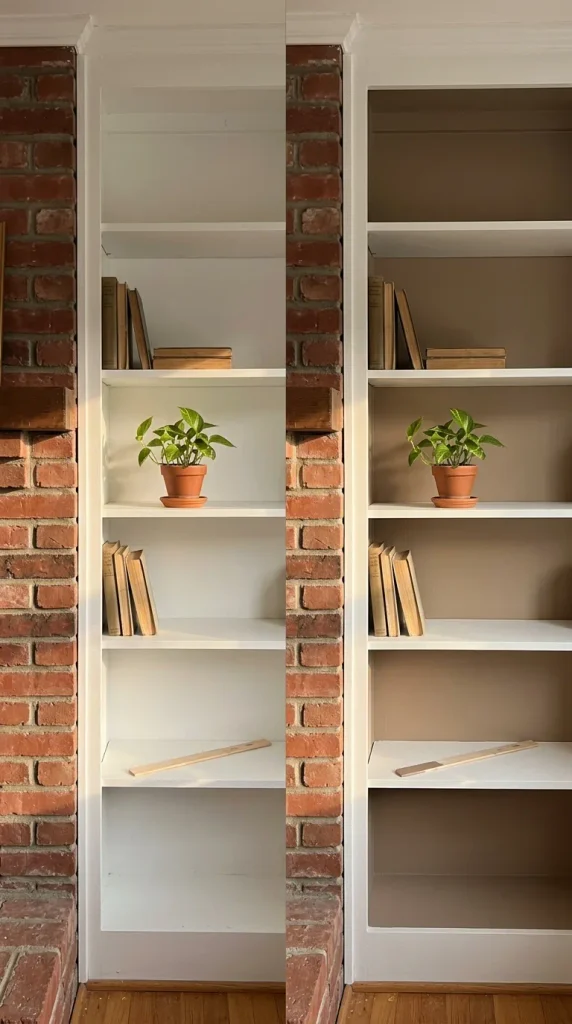Before and after of bookcase back panels painted taupe to match a brick fireplace