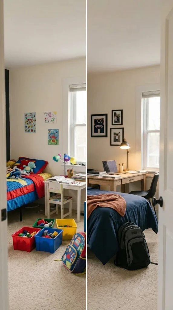 Before and after teen boy bedroom corner swapping kids' desk and bright bedding for a grown-up setup