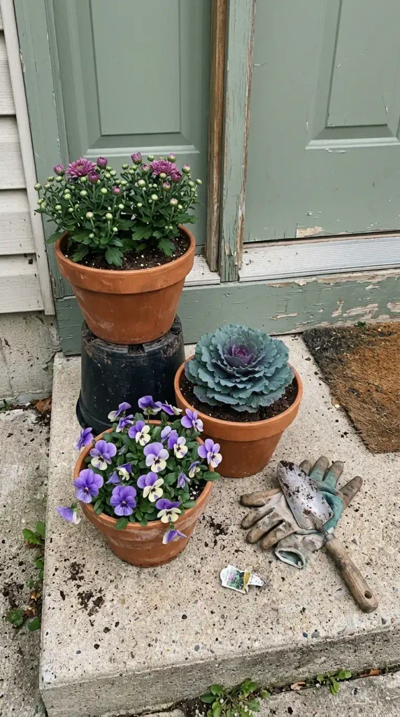 Beginner fall container garden with mums, ornamental kale, and pansies in three terracotta pots