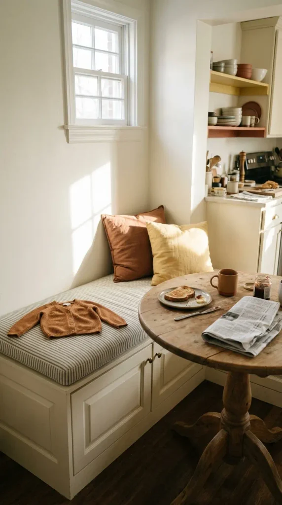 Besta bench banquette in a small kitchen with a striped cushion and a round wood table