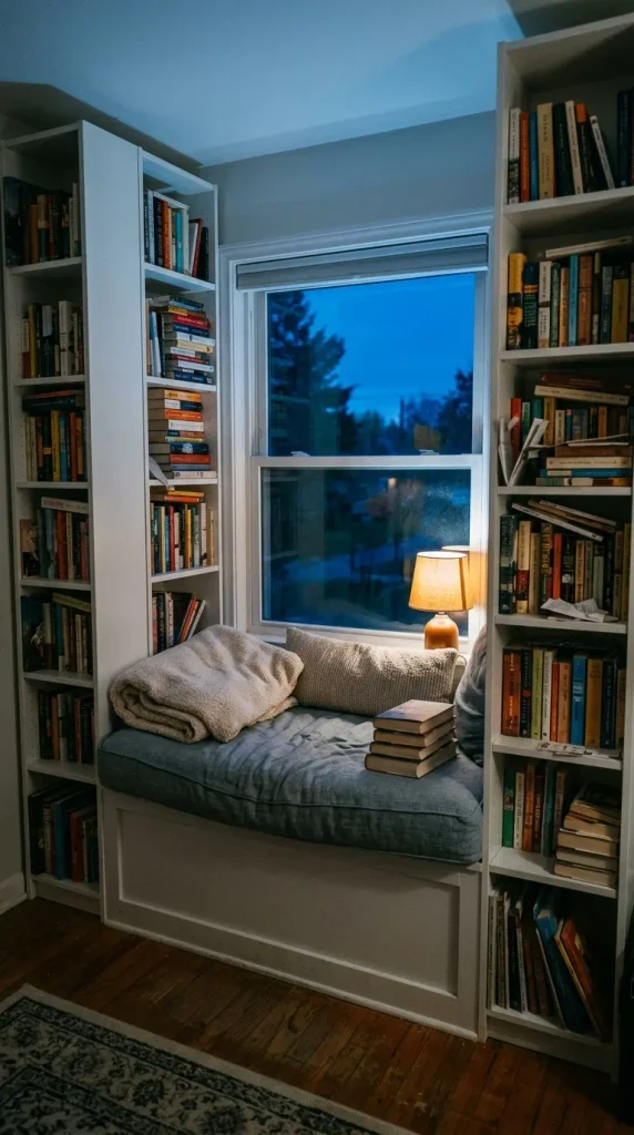 Besta built-in window seat between two tall IKEA Besta bookcase frames at dusk