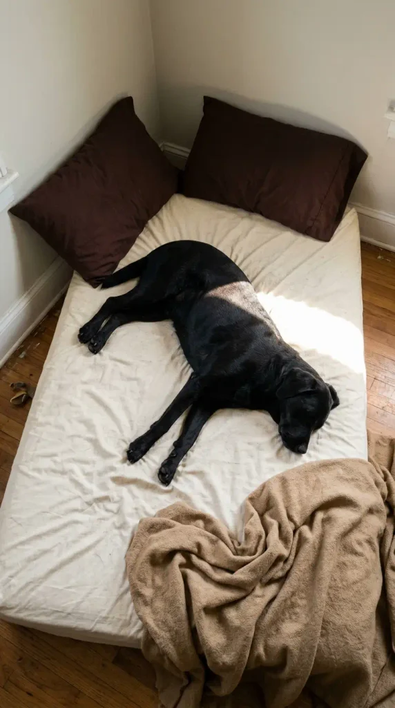 Black Lab sprawled on a twin mattress dog nook in a bedroom corner with pillows as a bolster