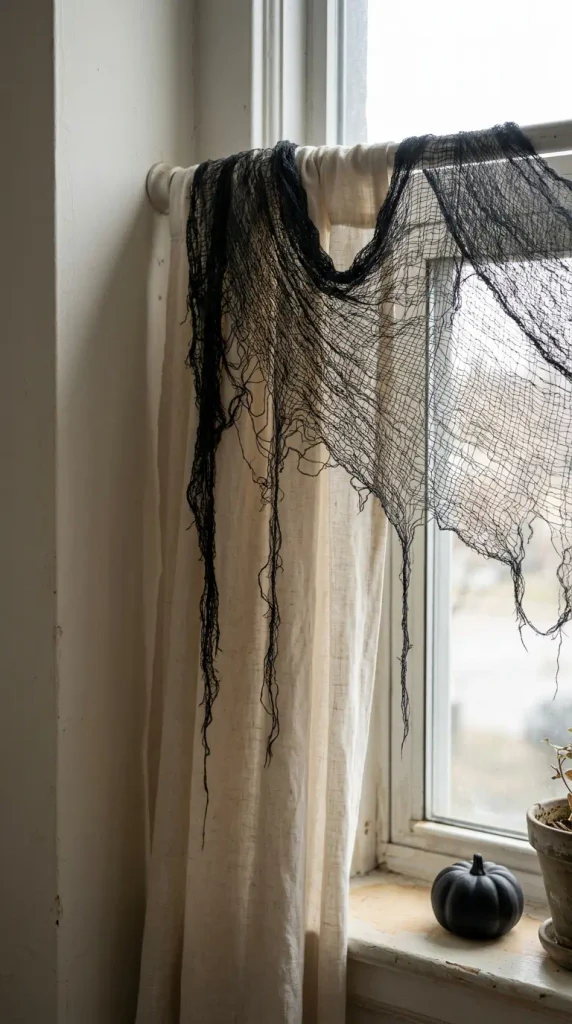 Black creepy cloth draped over an existing curtain rod, a renter-safe Halloween window idea