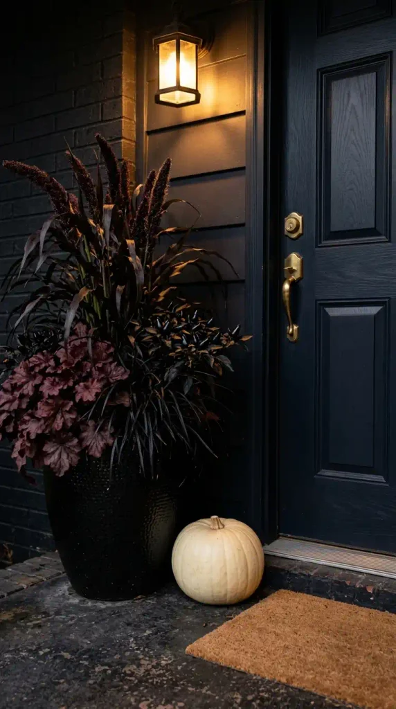 Black fall planter with dark foliage and peppers beside a navy front door at night