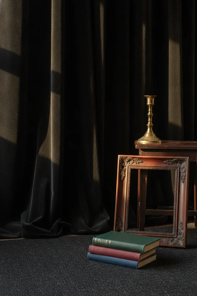 Black velvet curtains, a brass candlestick and a thrifted frame adding texture to a gothic library corner