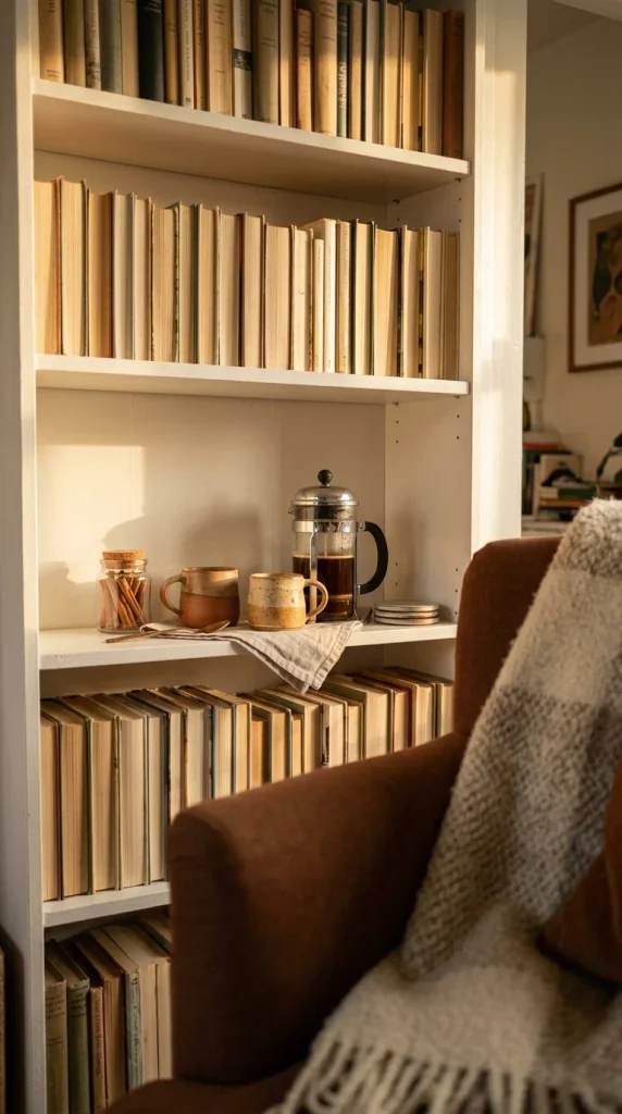 Bookcase shelf turned into a small fall coffee bar beside a reading chair