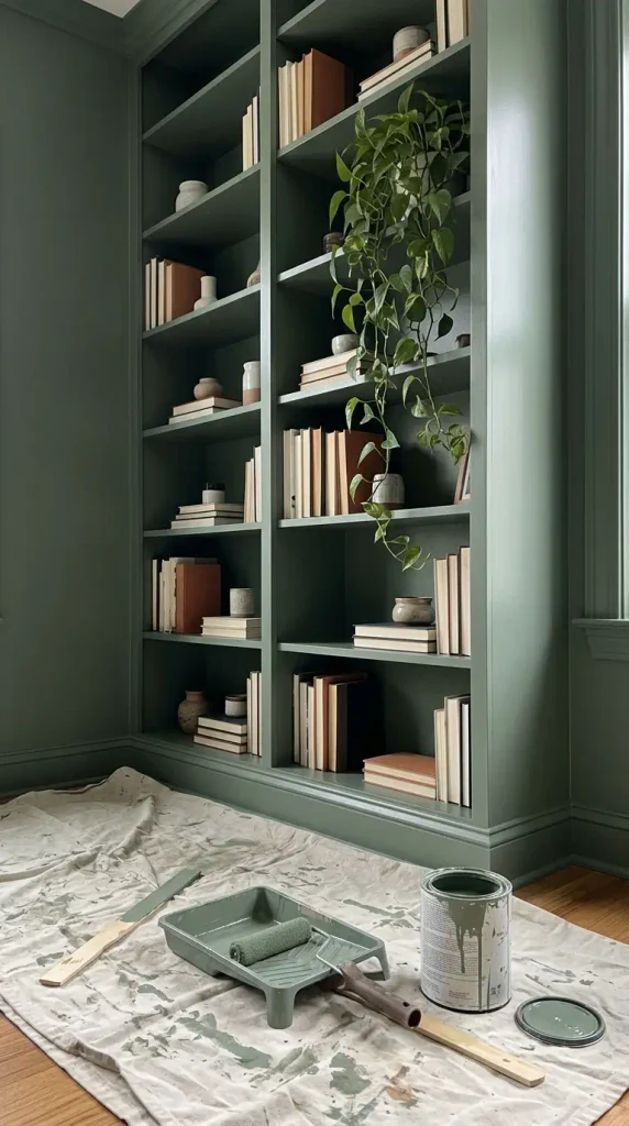 IKEA furniture bookcase painted the same sage green as the wall so it reads as built-in