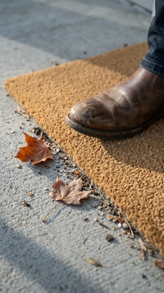 Boot stepping onto a plain coir doormat with fallen maple leaves as part of fall door decor