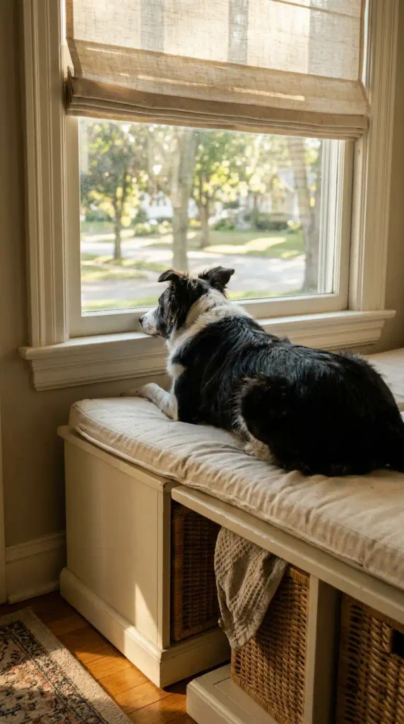 Border collie mix on a window bench dog perch with its chin on the sill watching the street