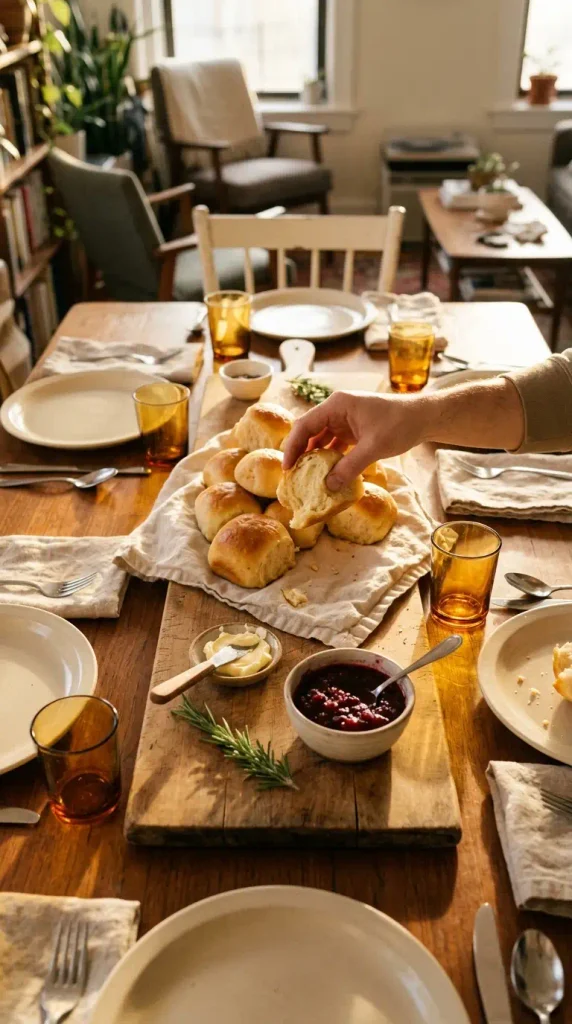 Bread board centerpiece with rolls and cranberry sauce on a small Thanksgiving table