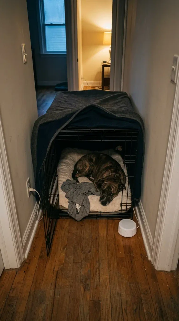 Brindle dog resting in a blanket covered crate storm den in a quiet hallway corner