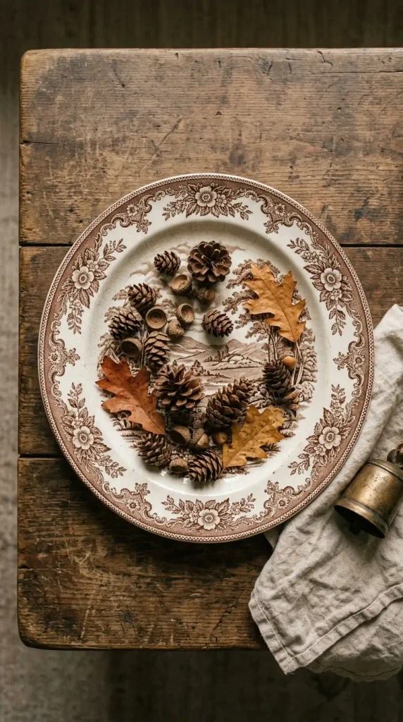 Brown transferware platter used as thrifted fall decor with pinecones and acorn caps