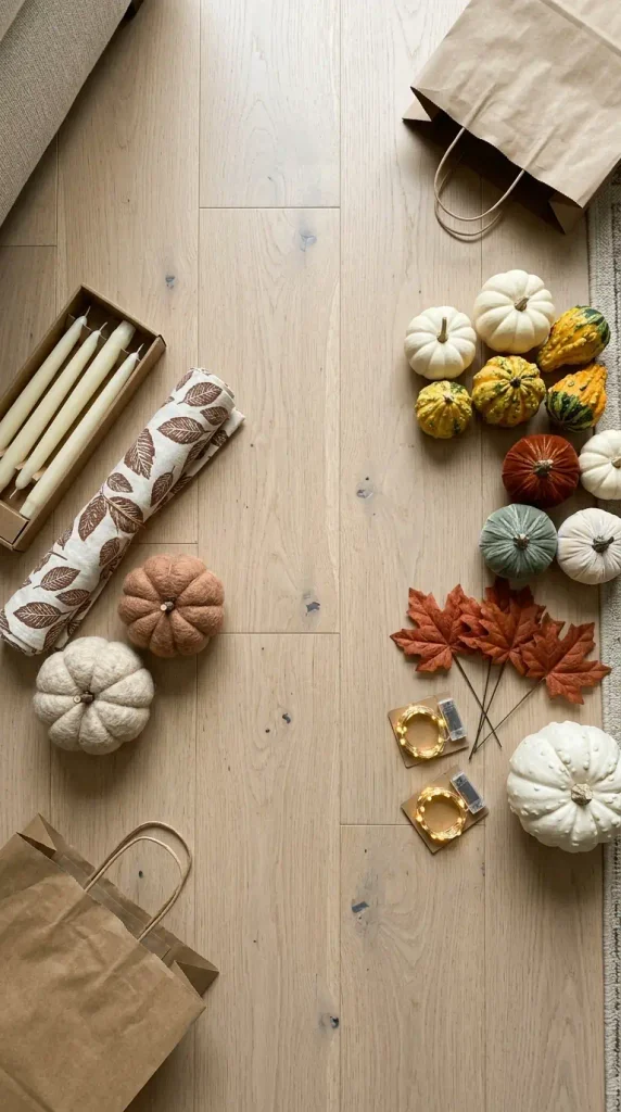 Budget Thanksgiving decor haul split into spend pieces and save pieces on an oak floor