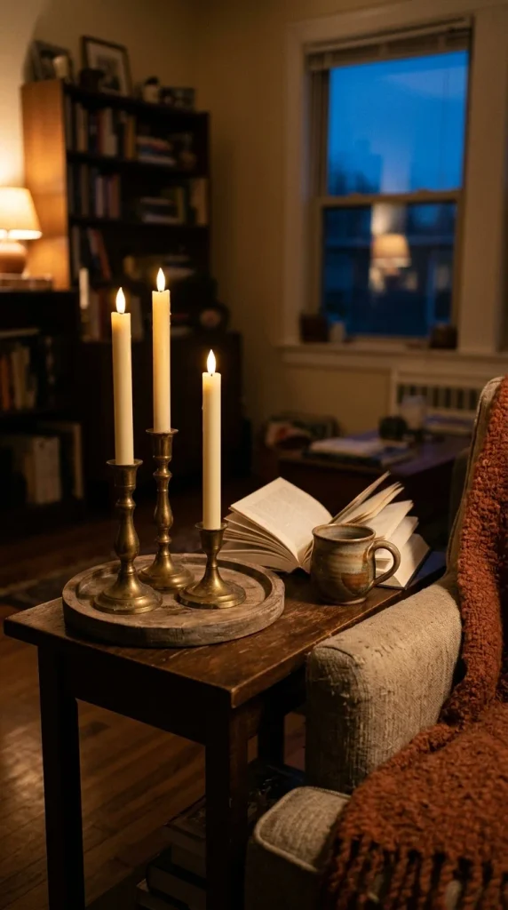 Thrifted brass candlesticks with LED tapers on a tray, a vintage fall decor idea for evenings