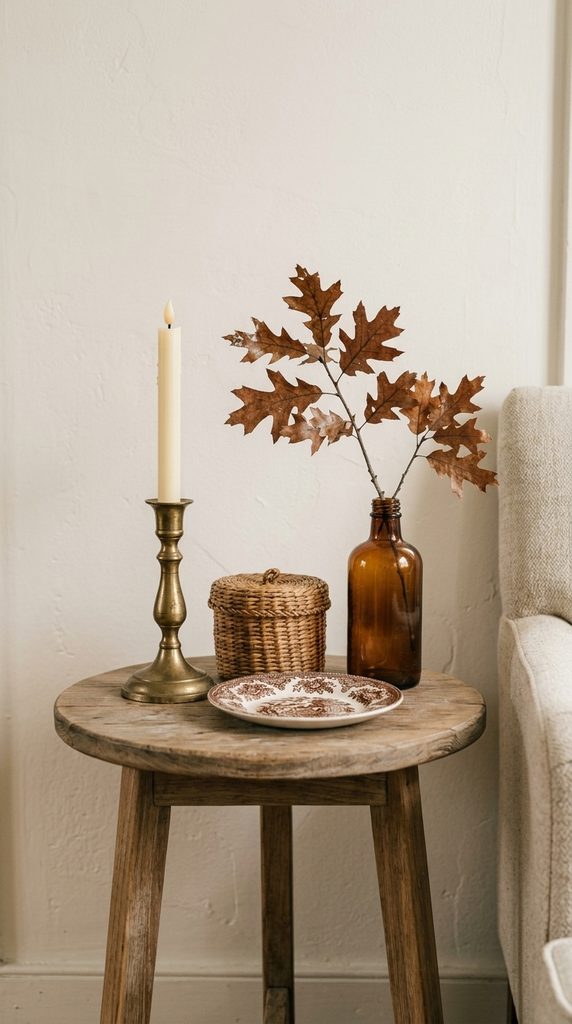 Side table showing the Glow, Grain, Gathered, Old rule for vintage fall decor in a small space