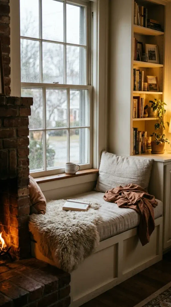 Built-in window seat between bookshelves beside a fireplace on a rainy afternoon