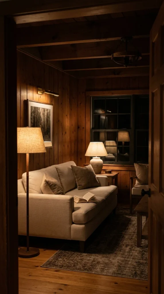 Cabin living room at night lit only by warm floor, table, and picture lights