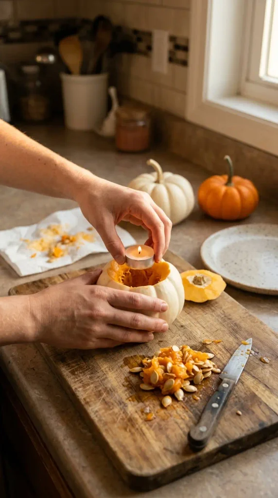 Hands setting a tea light into a hollowed mini pumpkin, a fall candle holder made on a cutting board