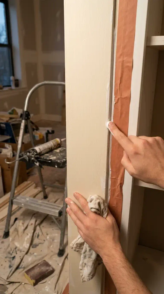 Caulking the seams on an IKEA BILLY built-in so the bookshelves look custom