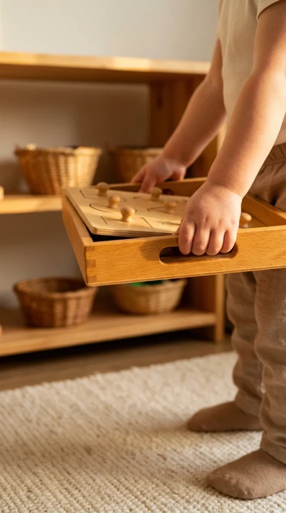 Child carrying a wooden puzzle tray to the rug in a Montessori playroom