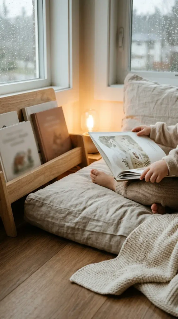 Child reading on a floor cushion beside a forward-facing book ledge in a Montessori playroom