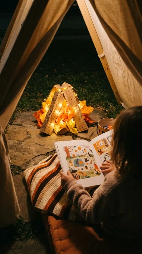Child's hands holding a book beside a flameless DIY campfire made of logs and LED light for Halloween