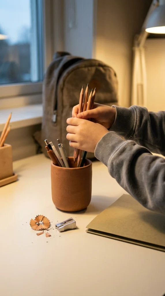 Child's hands resetting a DIY homework station by putting sharpened pencils in a cup