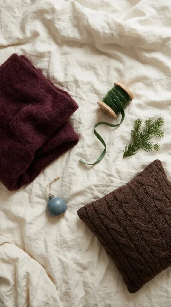 Christmas bedroom decor color test with burgundy, green, brown, and blue textiles on cream bedding