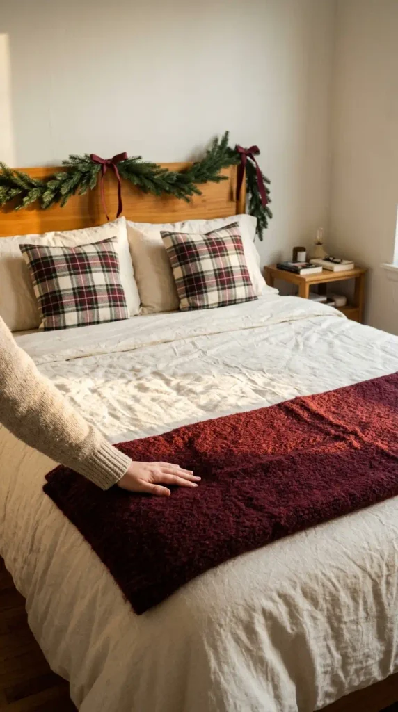 Christmas bedroom decor on a bed with a burgundy throw, plaid pillow covers, and unlit garland on the headboard