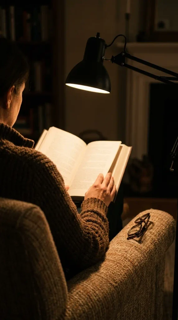 Clamp lamp lighting an open book from behind the shoulder in a small reading nook at night