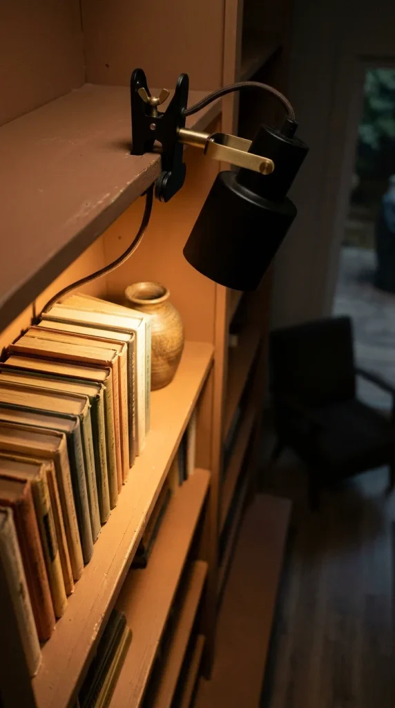 Clamp spotlight lighting the shelves of a library lounge with warm 2700K light
