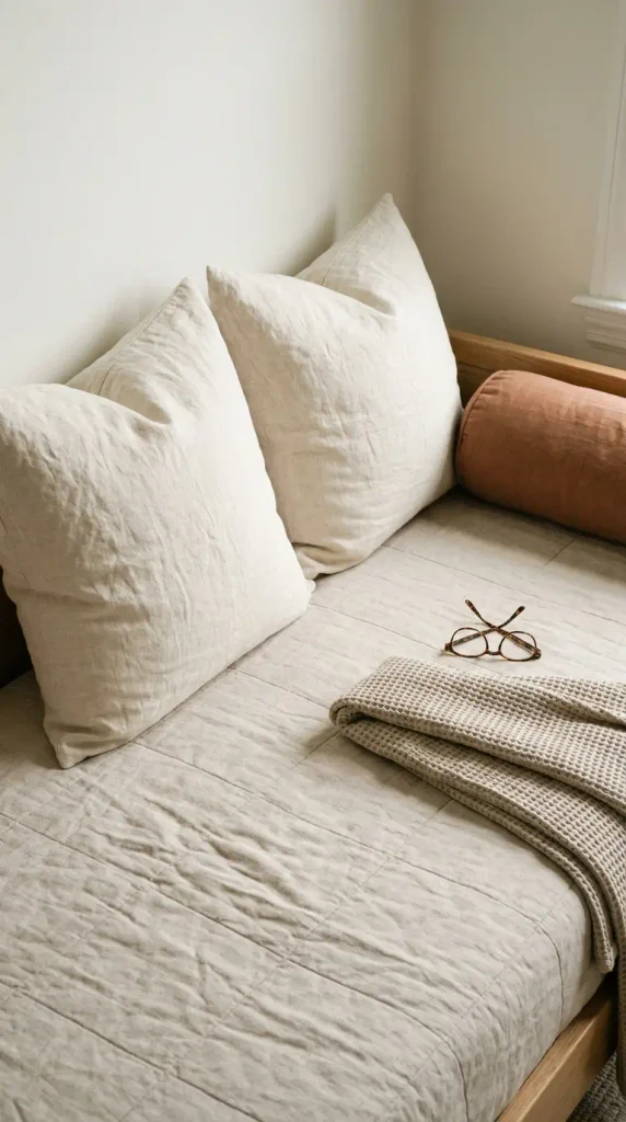 Close-up of euro shams and a bolster turning a twin bed into a daybed backrest